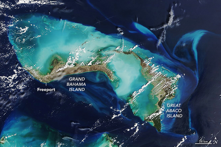 Imagem de satlite da regio das Bahamas, atingida pelo furaco Dorian, feita no dia 7 de setembro. Crdito: Earth Observatory/Nasa.  