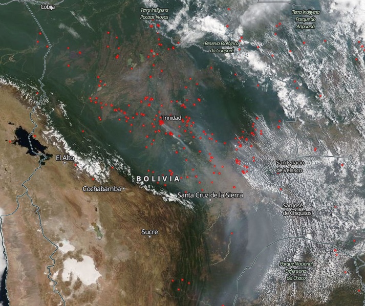 Focos de incndio detectados durante a passagem do satlite TERRA na Nasa em 28 de setembro. Crdito: EOSDIS Wordview