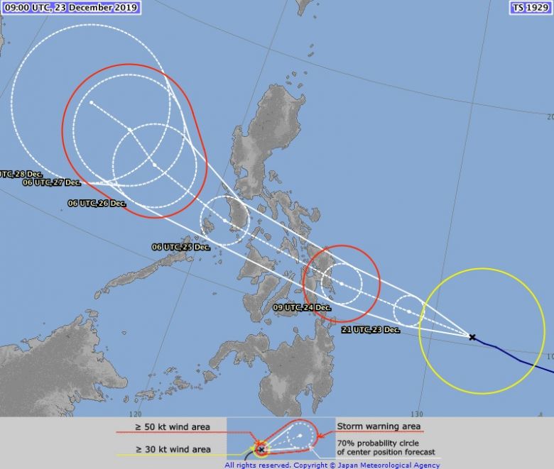 Trajetria da tormenta Phanfone nos prximos dias. Toda parte central das Filipinas dever sofrer com tempestades e ventos intensos durante o feriado de Natal. Crdito: AMJ. 