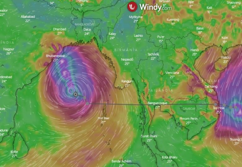 Acompanhe no Windy a surpreendente trajetria de Matmo. A tempestade se desenvolveu prxima  costa do Vietn e depois de oito dias atua agora como ciclone tropical na baa de Bengala. Crdito: Windy.
