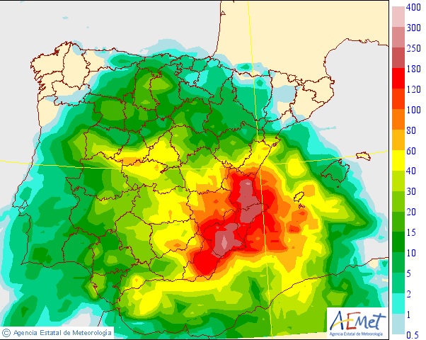 Probabilidade de chuva sobre a Espanha nesta sexta-feira, de acordo com a Agncia Estatal de Meteorologia (AEMET). 