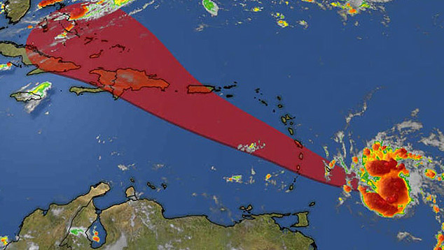 A tempestade tropical Dorian deve virar furaco na prxima quinta-feira, antes de chegar a Porto Rico e  Repblica Dominicana. Crdito da imagem: Weather Channel. 