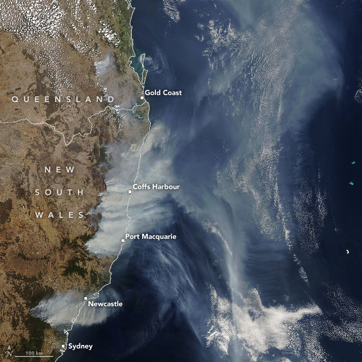 Imagem de satlite capturada no dia 19 de novembro pelo AQUA da Nasa. Fumaa dos incndios florestais da Austrlia j atravessou o Pacfico. Crdito: NASA.
