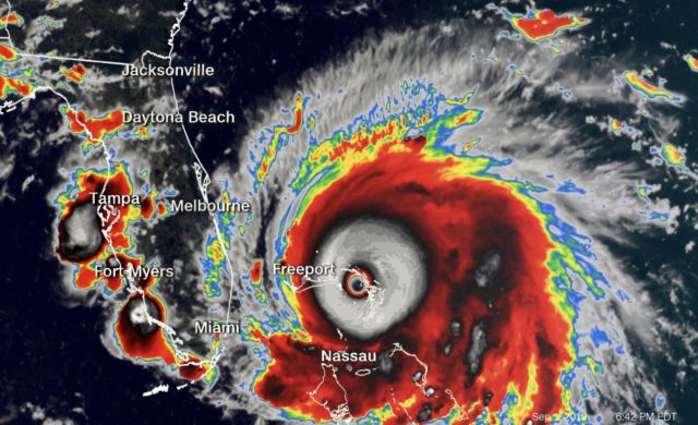 Imagem de satlite do furaco Dorian sobre as Bahamas. Crdito: NOAA/GOES-16/CNN