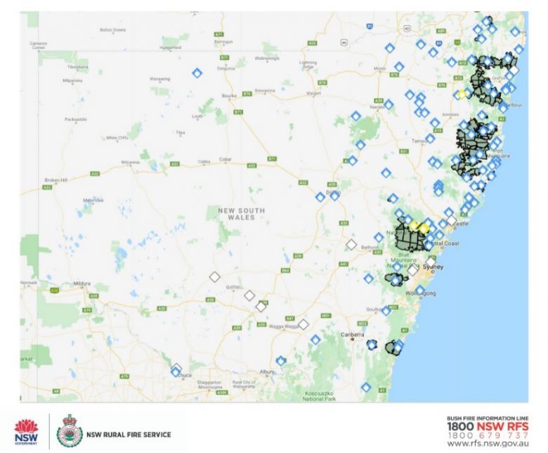 Mapa mostra a quantidade de focos de fogo que se espalhavam pelo leste da Austrlia no ltimo sbado, dia 7. Crdito: twitter @NSWRFS