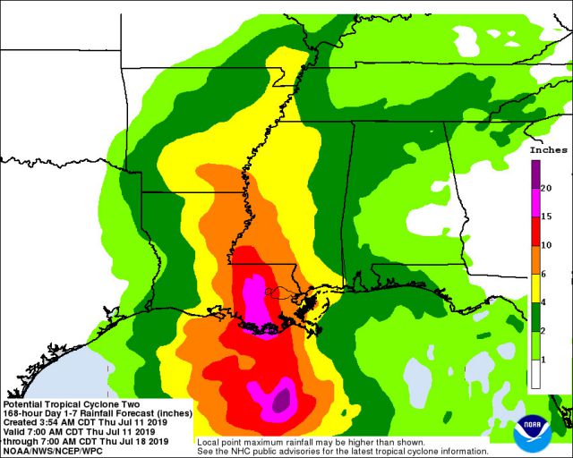 Estimativa de chuva para a regio do Golfo do Mxico, Louisiana e Mississipi nos prximos dias. Crdito: NHC.