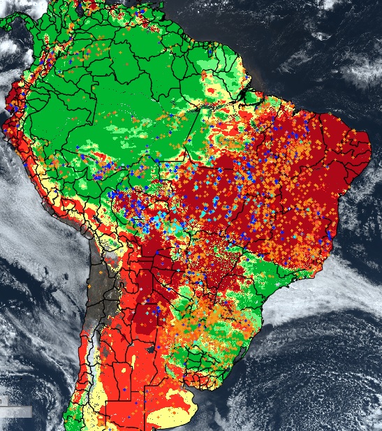 rea vermelha mostra onde o risco de fogo est elevado no Brasil neste comeo de setembro. Os pontos indicam os focos de queimadas acumulados sobre o pas nos ltimos dois dias, levando em conta pontos detectados por 13 satlites. Crdito: INPE.