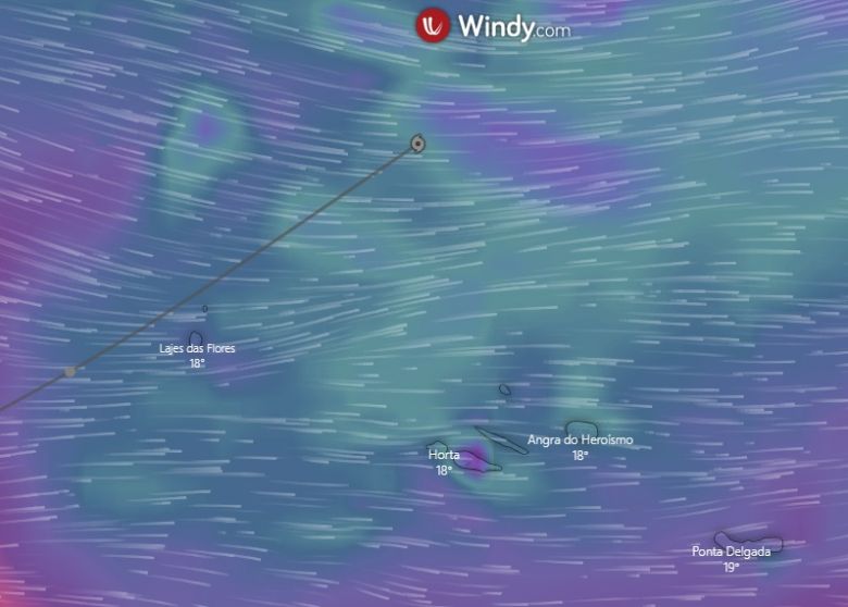 O Windy mostra o trajeto que a tempestade tropical Sebastien fez nas ltimas 24 horas. A tormenta passou ao largo dos Aores. Crdito: Windy. 