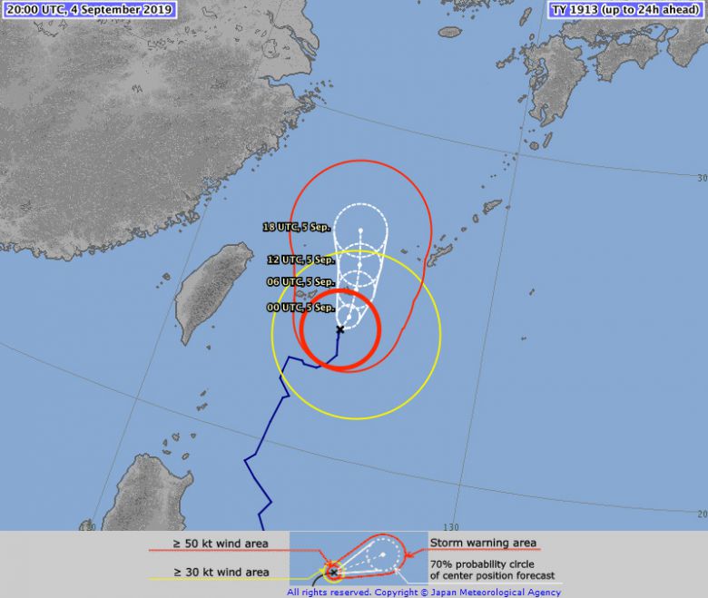 Trajetria do tufo LingLing nos prximos dias, de acordo com a Agncia de Meteorologia do Japo. 