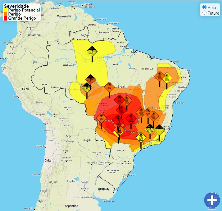 Grfico mostra regies em perigo e grande perigo por conta da onda de calor no Brasil. Crdito: INMET. 