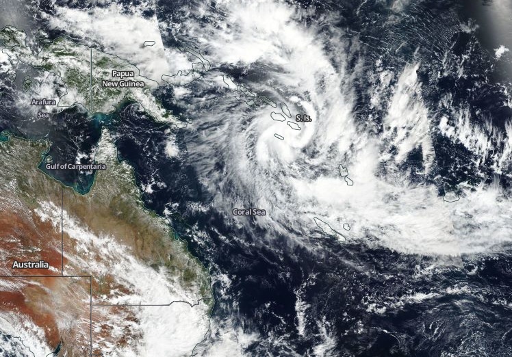 Imagem de satlite mostra a posio do ciclone tropical Harold nesta sexta-feira. A tormenta segue para em direo s ilhas Vanuatu e deve provocar tempo severo neste fim de semana. Crdito: Worldview/Nasa. 