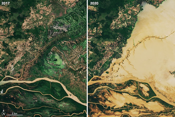 Imagem comparativa mostra a situao sobre o norte de Madagascar em janeiro de 2017 e janeiro de 2020. Crdito: NASA. 