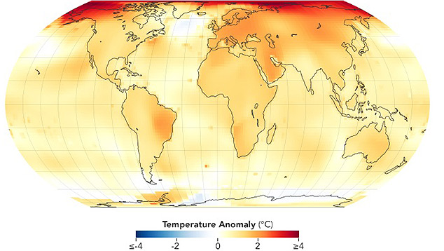 Anomalias de temperaturas no globo observadas em 2019. Crdito: NASA (GISS)