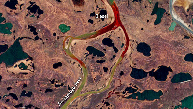 Imagem de satlite adquirida no incio do ms revela o rio Ambarnaya contaminado por diesel. Crdito: ESA.