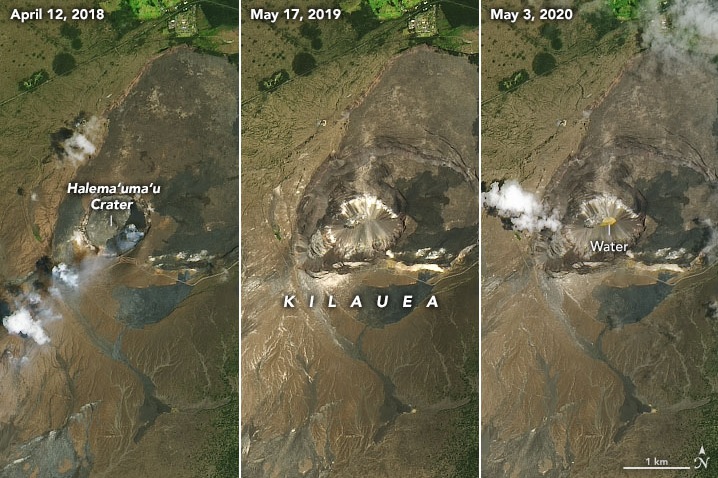 Fotos de satlite da Nasa revelam aparecimento do novo lago de gua na cratera Halemaumau do vulco Kilauea. O tamanho chegava a cinco campos de futebol em maio de 2020. Crdito: Earth Observatory Nasa.