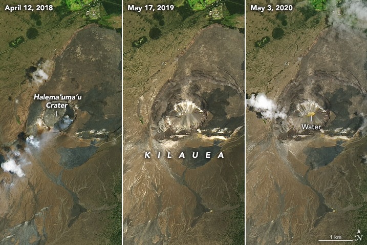 Fotos de satlite da Nasa revelam aparecimento do novo lago de gua na cratera Halemaumau do vulco Kilauea. O tamanho chega a cinco campos de futebol. Crdito: Earth Observatory Nasa. 