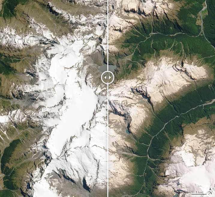 Imagem comparativa do sul da Austrlia entre dezembro de 2014 e novembro de 2019. A poeira e a fuligem que chegam  regio transformaram a cor de algumas geleiras. Crdito: NASA.