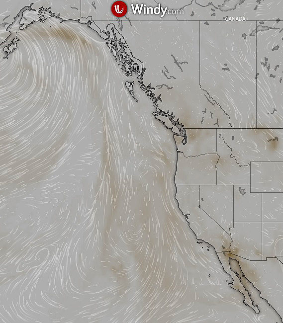 Modelo meteorolgico da NASA indica que as correntes de vento levaro a massa de poeira at a costa do Golfo do Alasca no dia 2 de outubro. Crdito da imagem: Windy. 
