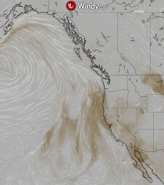 Uma massa de poeira na cor marrom est parada sobre o Pacfico, na costa oeste dos Estados Unidos. Crdito da imagem: Windy.