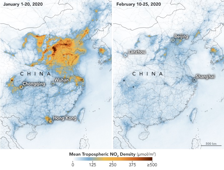 Imagem comparativa mostra a concentrao de dixido de nitrognio sobre regies da China entre janeiro e fevereiro de 2020. Crdito: NASA/ESA