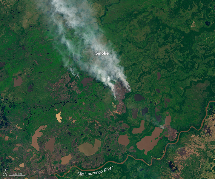 Rastro de fumaa de um incndio observado prxima ao rio So Loureno em Mato Grosso no ltimo dia 4 de maro. Crdito: NASA.