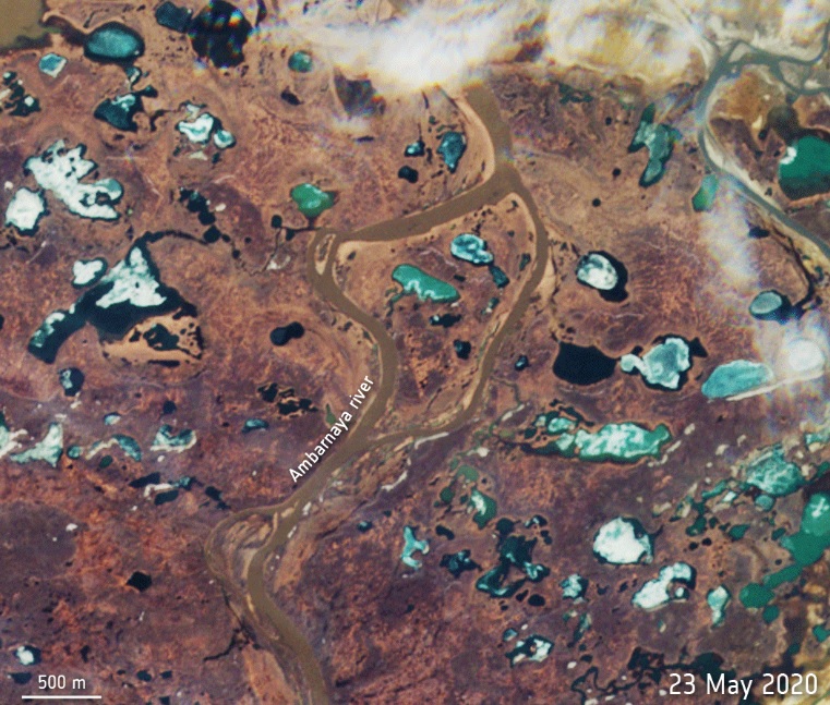 Imagem de satlite do rio Ambarnaya antes da contaminao por diesel em 23 de maio de 2020. Crdito: ESA.  