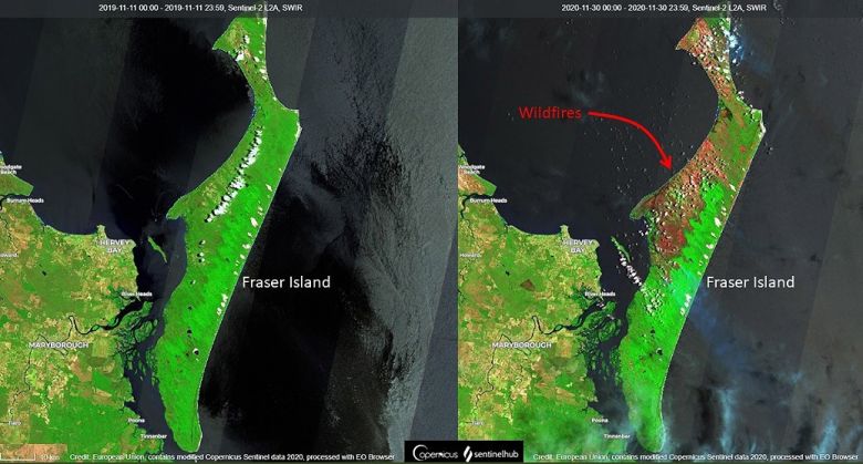 Imagens de satlite comparativas mostram a rea da Ilha Fraser atingida pelo fogo nas ltimas semanas. Pelo menos 40% da vegetao j foi consumida pelas chamas. Crdito: Coopernicus Sentinel-2/ESA. 