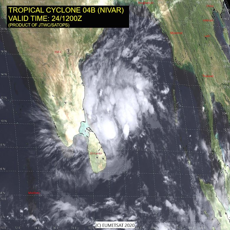 Imagem de satlite mostra a localizao do ciclone tropical Nivar nesta tera-feira. Nivar est ao noroeste do Sri Lanka e a cerca de 400 quilmetros de Chennai, na costa indiana. Crdito: EUMETSAT/JTWC