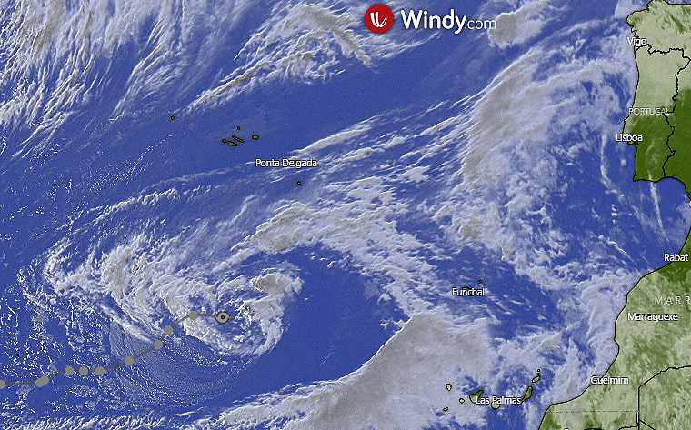 Imagem de satlite mostra a posio de Theta ao sul dos Aores e ao oeste da Ilha da Madeira, territrios portugueses. Crdito: Windy. 