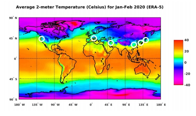 Mapa de temperatura mundial de janeiro a fevereiro de 2020 elaborado pelos pesquisadores. Os crculos representam pases com transmisso comunitria significativa, apresentando mais de 6 mortes em decorrncia do novo coronavrus.