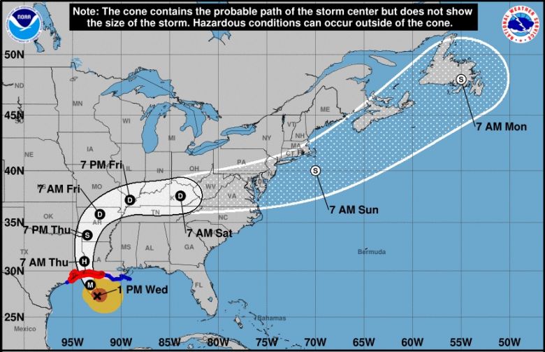 Trajeto previsto para o grande furacão Laura nos próximos dias. Crédito: NHC.