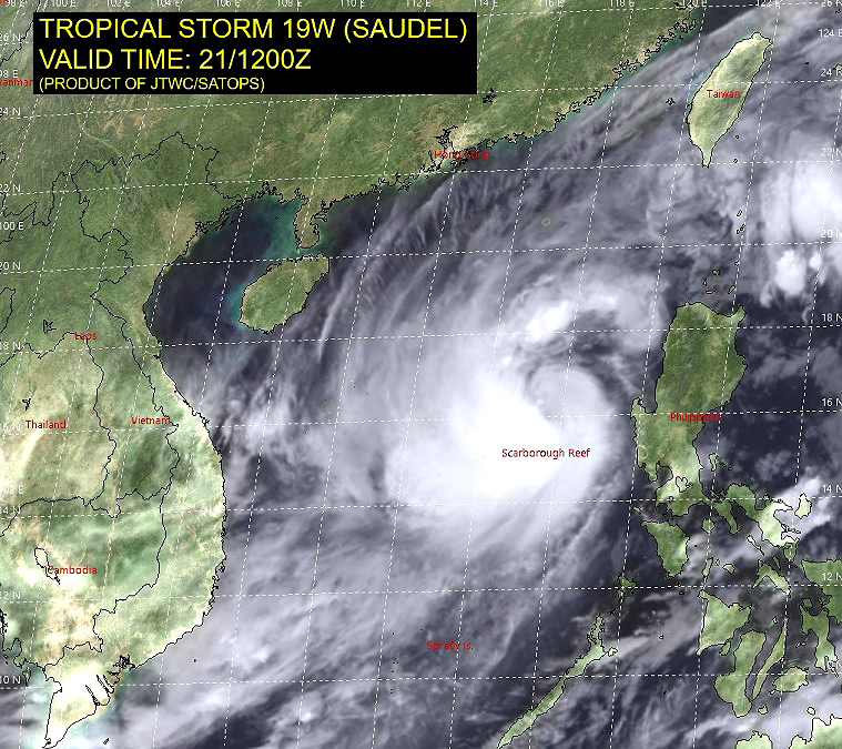 Imagem de satlite mostra a tempestade tropical Saudel sobre o mar da China indo em direo ao Vietn nesta quarta-feira. Crdito: JTWC. 