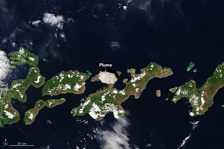 Imagem do satlite Terra mostra as cinzas do vulco Lewotolo aps erupo em 29 de novembro. Crdito: NASA.