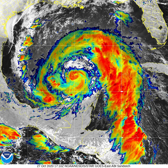 Imagem de satlite mostra Zeta sobre o Golfo do Mxico nesta tera-feira. O furaco Zeta tocou a Pennsula de Yucatn na noite de ontem e foi rebaixado para tempestade tropical. Zeta deve evoluir novamente para um furaco. Crdito: NOAA/GOES-East.