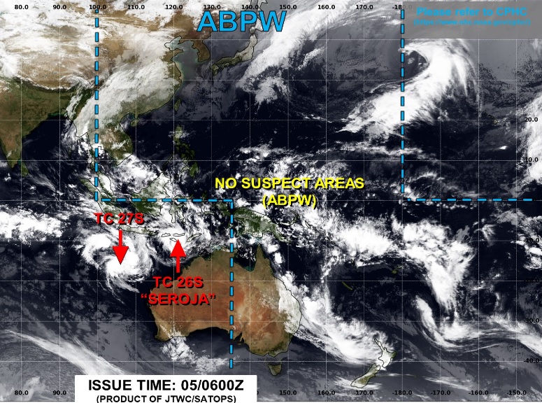 Mapa indica a posio dos dois ciclones tropicais atuantes nesta segunda-feira, dia 5. Crdito: JTWC.