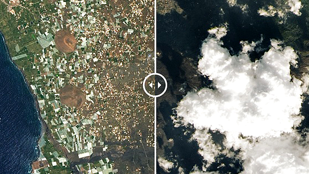 Atravs de imagens de satlite da NASA  possvel observar a grande transformao na Ilha de La Palma, nas Canrias depois de trs meses de erupo vulcnica. Crdito: NASA