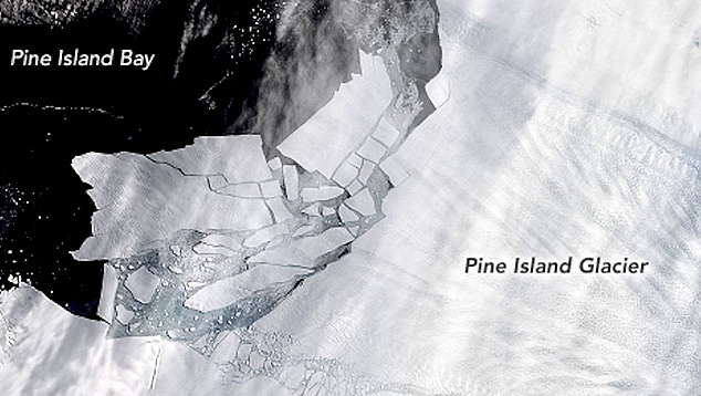 Novos icebergs surgiram em fevereiro de 2020 na geleira de Pine Island. A geleira est num processo acelerado fluindo para o oceano. Crdito: NASA  