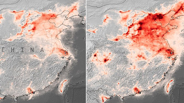 A ESA mapeou a China como exemplo para descobrir como esto os nveis de poluio um ano aps os bloqueios gerados pela situao da pandemia. Crdito: ESA.