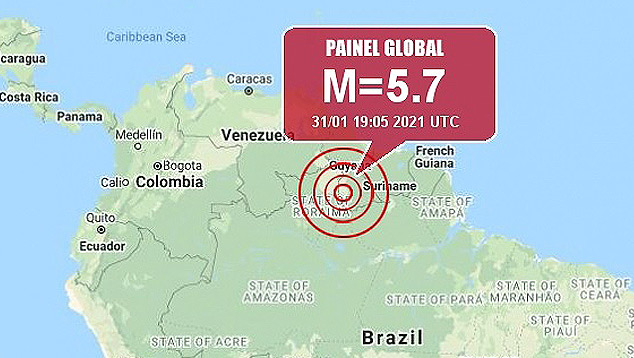 O Painel Global mostra o epicentro do tremor de 5.7 magnitudes que atingiu a regio de Lethem na fronteira da Guiana com o Brasil no dia 31. Crdito: Painel Global/Google 
