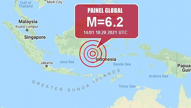 Forte terremoto de 6.2 magnitudes foi registrado ao sul de Mamuju e deixou dezenas de vtimas fatais. Crdito: PainelGlobal/Google