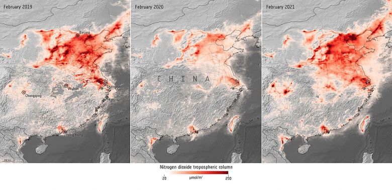 Mapa comparativo da concentrao de dixido de nitrognio sobre o centro e leste da China no ms de fevereiro nos anos de 2019,2020 e 2021. Crdito: ESA.
