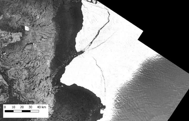 Imagem de satlite da misso Copernicus da ESA mostra o novo iceberg no dia 28 de fevereiro. Crdito: ESA
