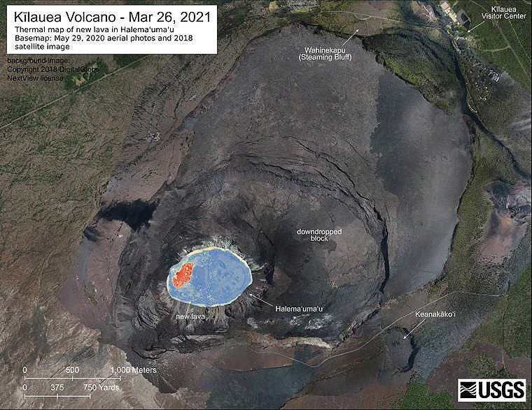Imagens areas visuais e trmicas durante a erupo dentro da cratera Halemaumau coletadas no dia 26 de maro. Crdito: USGS/B. Carr/Domnio Pblico.