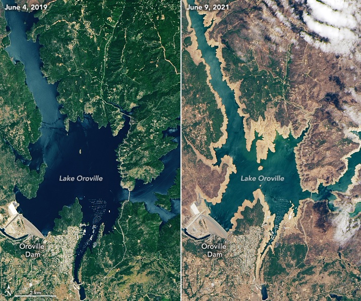 Imagens de satlite comparam a situao do Lake Oroville em 4 de junho de 2019 e 9 de junho de 2021. Crdito: NASA