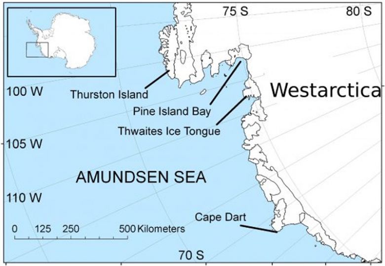 Localizao das geleiras Pine Island e Thwaites, na Antrtida.
