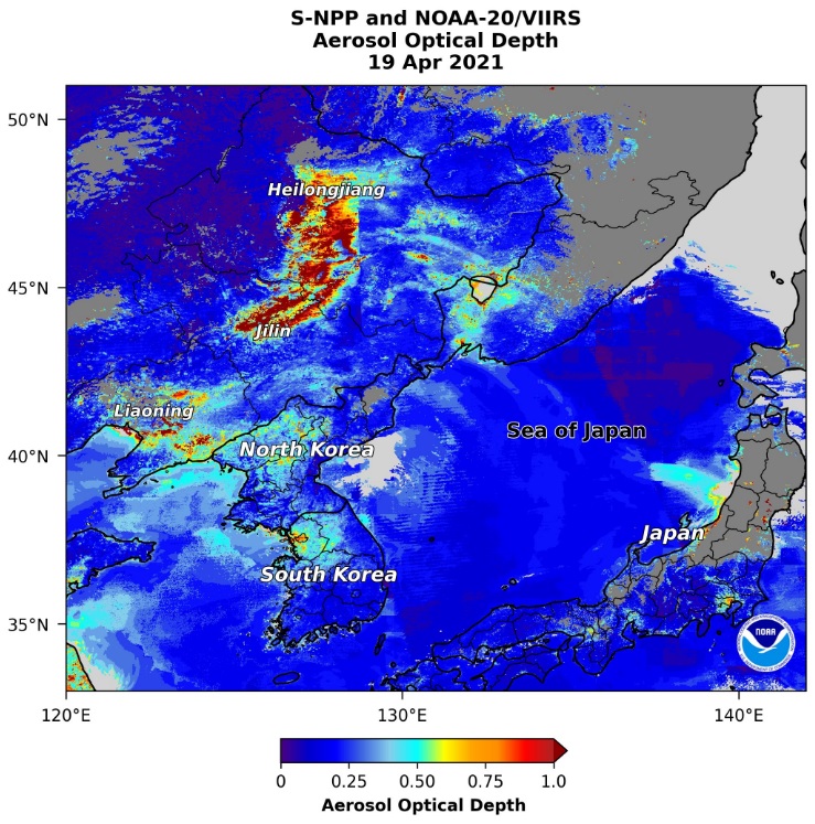 Grande concentrao de aerossol  observada prximo a Heilongjiang onde acontecem os incndios em plantaes. Crdito: Satlite Suomi-NPP, NOAA/NASA.
