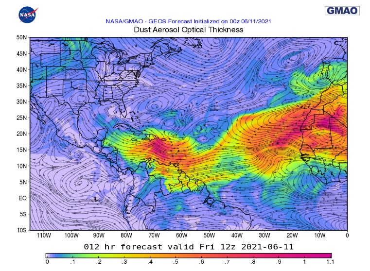 Modelagem mostra a concentrao de poeira sobre o sul do Caribe no dia 11 de junho. Crdito: NASA 