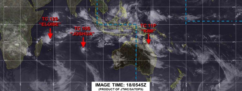 Mapa do JTWC indica os ciclones tropicais ativos no hemisfrio sul do globo neste comeo de semana. Crdito: JTWC.
