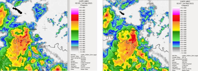 Imagens geradas pelo Radar Meteorolgico de Chapec na noite da segunda-feira, dia 13. Crdito: Divulgao Defesa Civil de SC