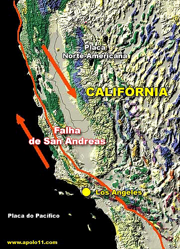 Mapa do Estado da Califrnia mostra a localizao da falha de San Andreas e o movimento das placas tectnicas do Pacfico e Norte-americana. Credito: Apolo11 